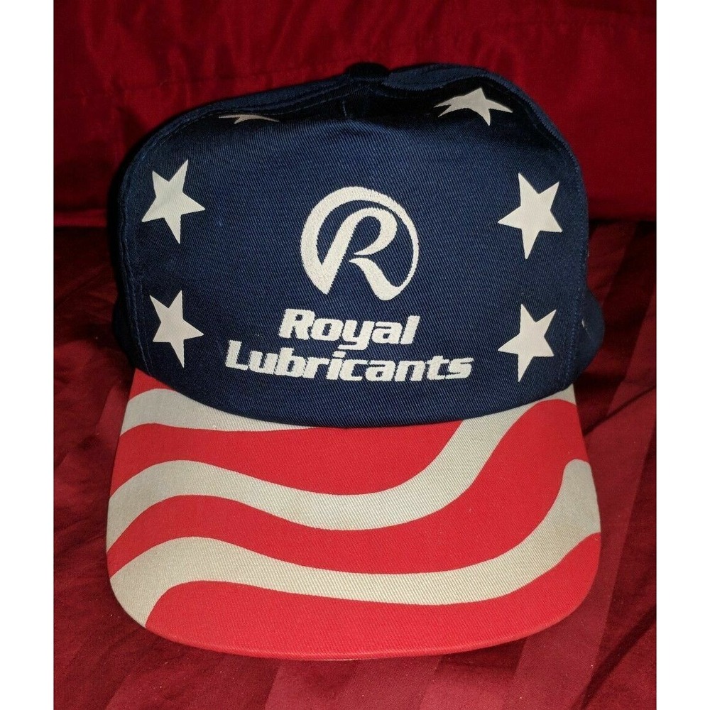 ROYAL LUBRICANTS Vintage Snapback Adjustable Hat Cap FLAG DESIGN RARE RED BLUE